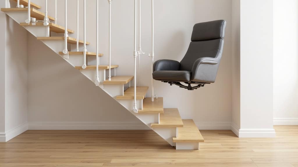 Monte-escalier à siège installé sur un escalier droit en bois à Hilsenheim, avec repose-pieds réglable et ceinture de sécurité