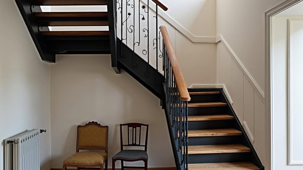 Monte-escalier tournant adapté à un escalier en colimaçon dans une ancienne maison de Hombourg-Haut, avec rail personnalisé et finition noire