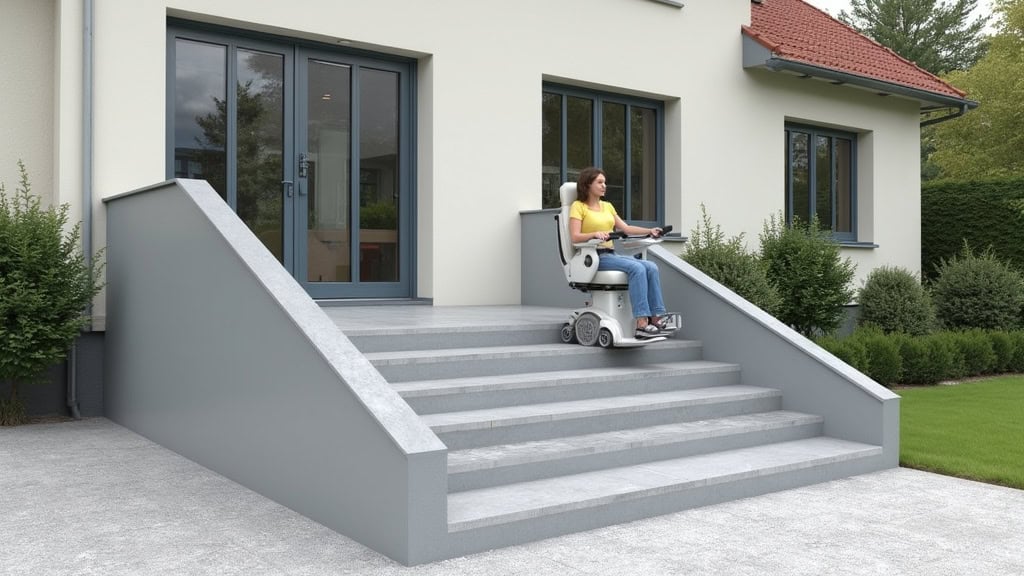 Plateforme élévatrice pour fauteuil roulant installée sur un escalier extérieur à Hombourg-Haut, avec rampe et protection latérale