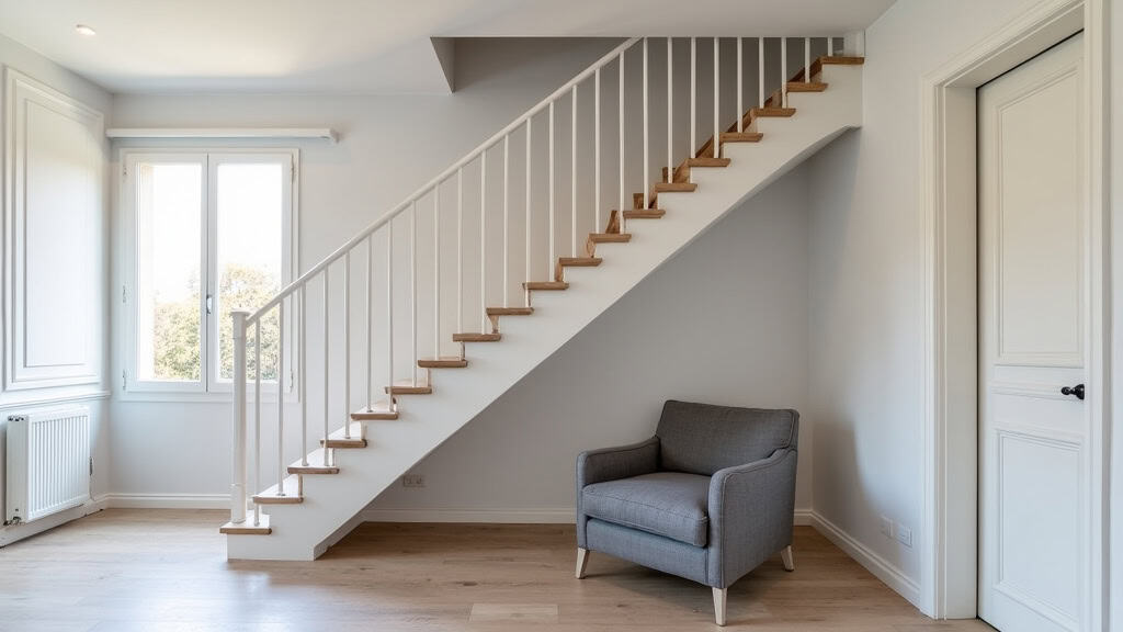Monte-escalier droit installé dans une maison ancienne à Hornoy-le-Bourg, avec rail blanc et fauteuil gris, intégré discrètement à l