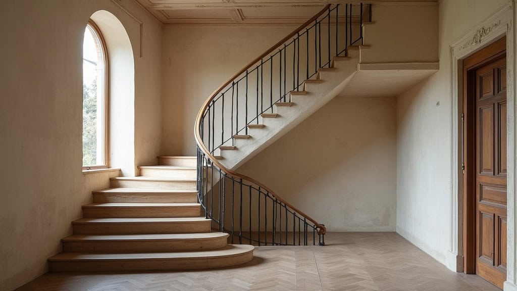 Monte-escalier tournant sur un escalier avec palier et virage, dans une maison ancienne de Houplin-Ancoisne