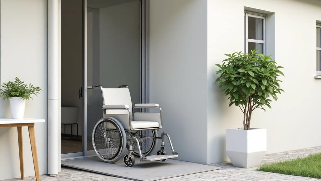 Plateforme élévatrice pour fauteuil roulant installée à l’entrée d’une maison à Houplin-Ancoisne, avec rampe intégrée