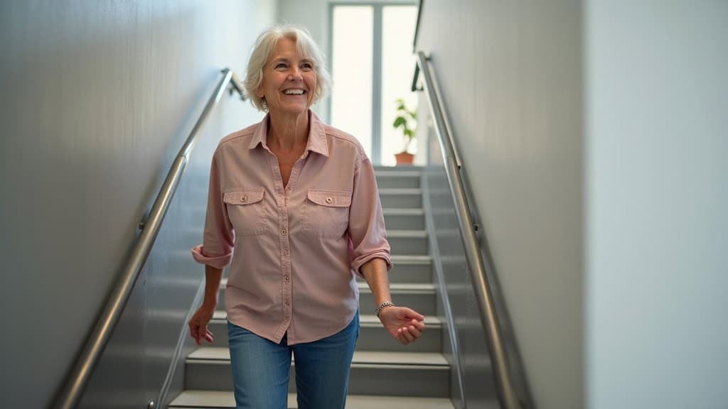 Personne âgée souriante utilisant un monte-escalier à Huriel, main sur la commande, regard détendu, en train de monter les marches avec confort et sécurité