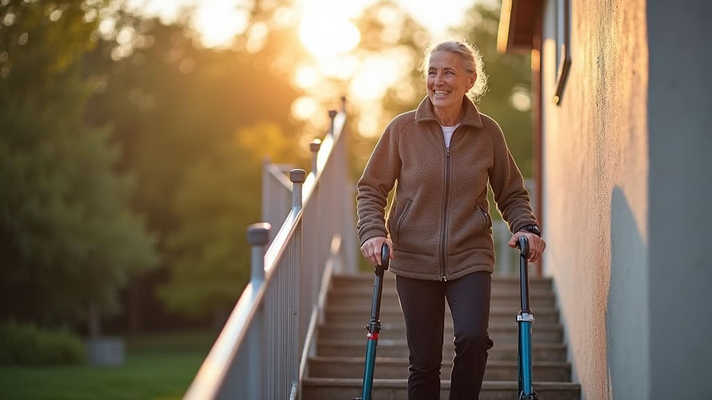 Personne âgée utilisant un monte-escalier droit à Hurtigheim, souriante, en train de monter les marches avec la chaise, lumière naturelle du matin