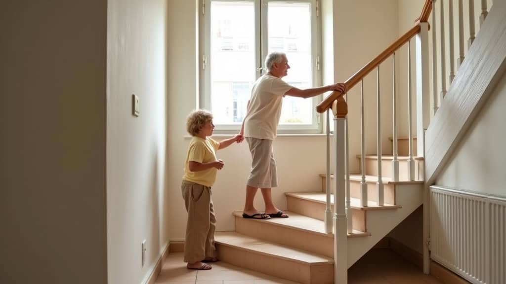 Personne âgée utilisant un monte-escalier courbe pour monter au premier étage dans une maison traditionnelle de L