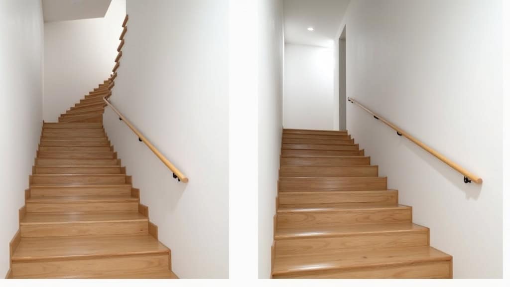Comparaison avant/après : escalier en bois sans monte-escalier à gauche, avec siège monte-escalier installé à droite dans une maison d