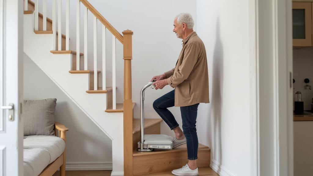 Personne âgée utilisant un siège monte-escalier pour monter les marches avec calme et sécurité dans sa maison à Inguiniel
