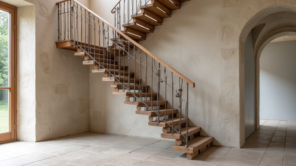 Monte-escalier installé sur un escalier droit en pierre dans une maison traditionnelle de Creissels, avec un utilisateur en train de monter en toute sécurité
