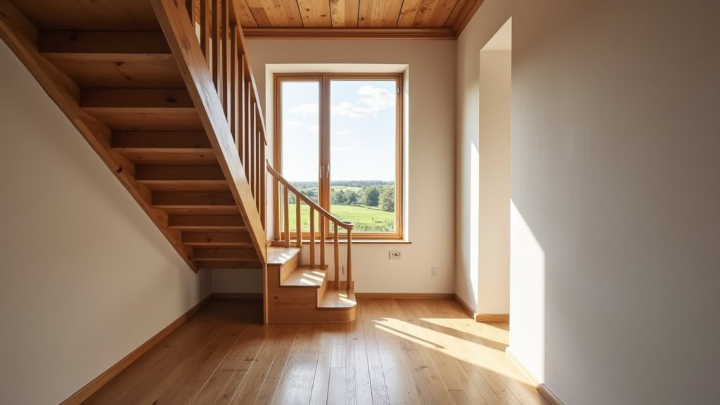 Monte-escalier installé sur un escalier en bois dans une maison traditionnelle du Perche, en arrière-plan une fenêtre avec vue sur les champs
