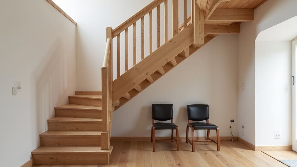 Monte-escalier installé sur un escalier en bois typique des maisons anciennes de Boussac, avec rail discret et siège ergonomique
