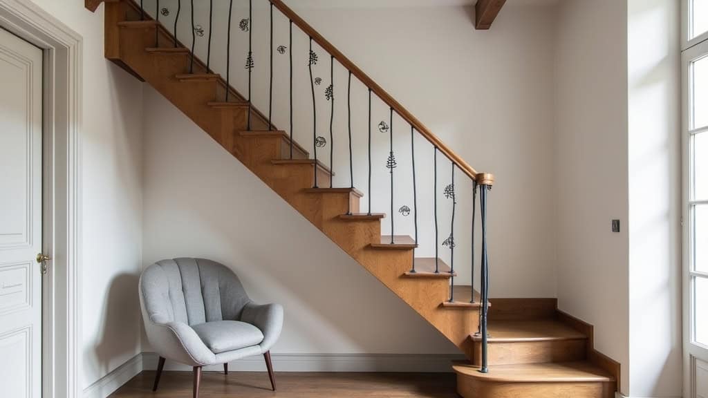 Monte-escalier installé sur un escalier en colimaçon dans une maison ancienne de Monéteau, avec des marches en bois et un siège gris clair