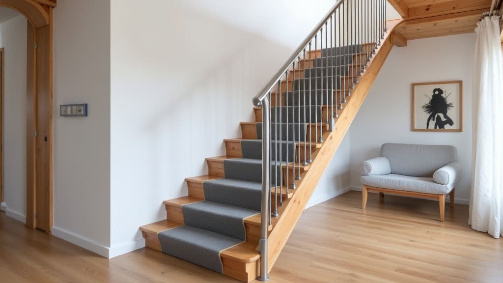 Monte-escalier droit installé sur un escalier en bois dans une maison de Inzinzac-Lochrist, avec siège en tissu gris et rail en aluminium brossé