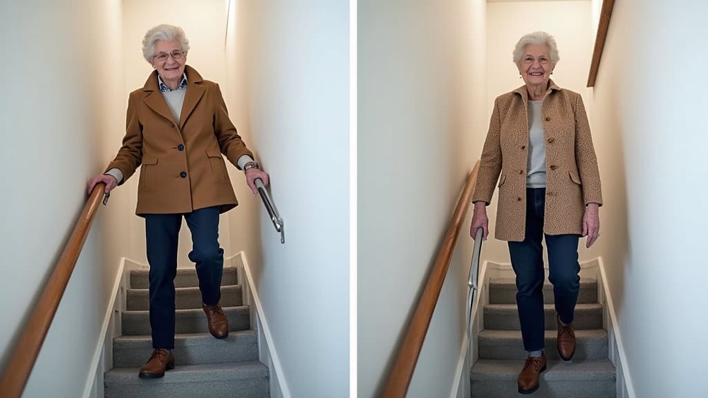 Comparison photo: avant (personne âgée avec canne sur les escaliers) et après (même personne en monte-escalier à Issy-les-Moulineaux, souriante et en sécurité)