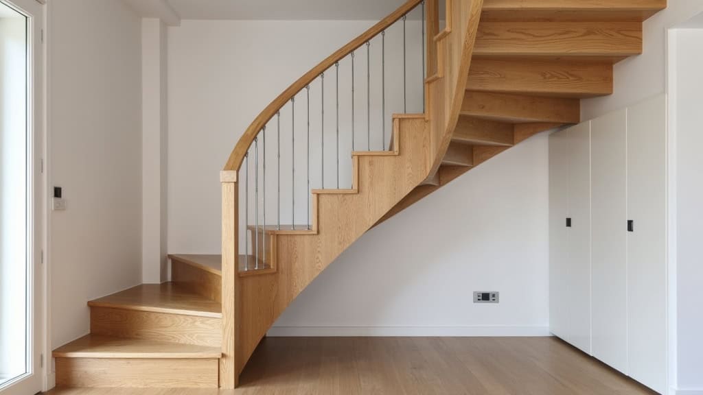 Monte-escalier courbe installé sur un escalier tournant en bois dans un appartement d