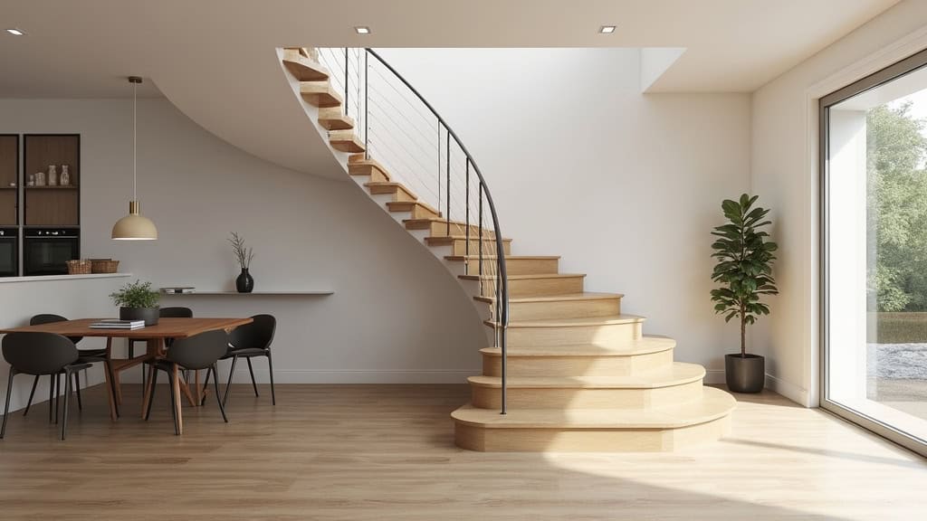 Monte-escalier courbe personnalisé pour un escalier tournant avec palier, intégré harmonieusement dans l