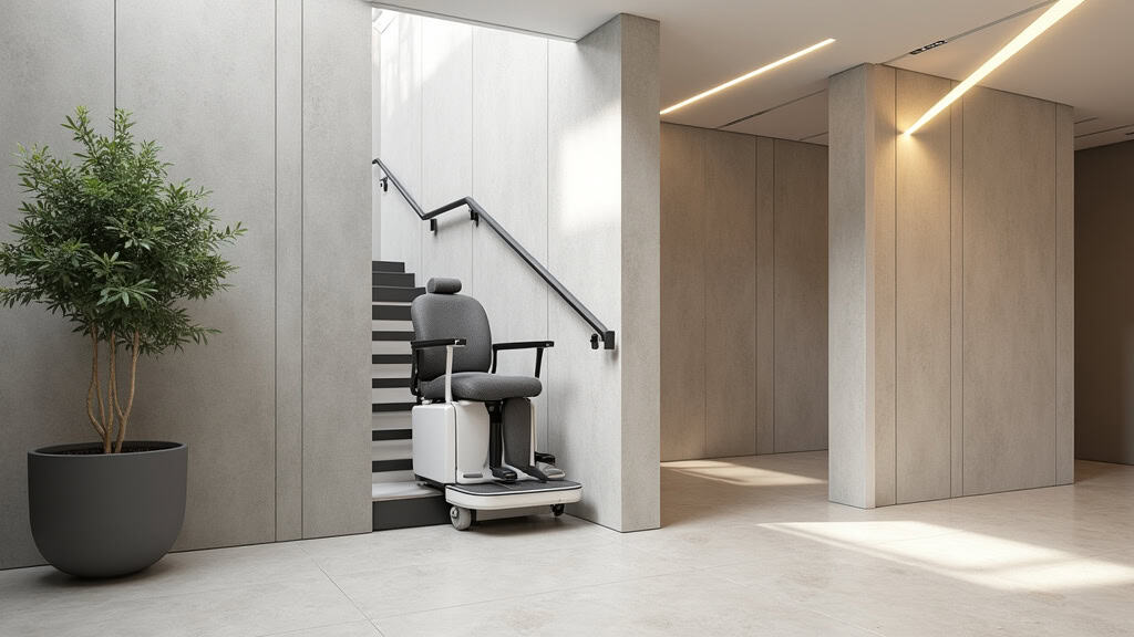 Plateforme élévatrice avec fauteuil roulant montant les escaliers dans un foyer à Jarny