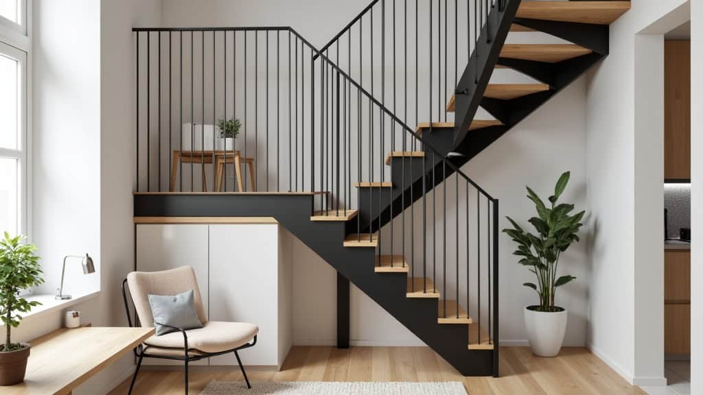 Monte-escalier courbe en acier noir et siège en tissu beige installé sur un escalier en bois massif d