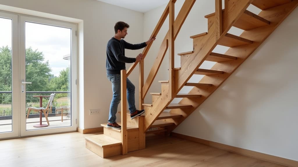 Monte-escalier droit installé sur un escalier en bois dans une maison traditionnelle de Jenlain, avec un utilisateur en train de monter en toute sécurité