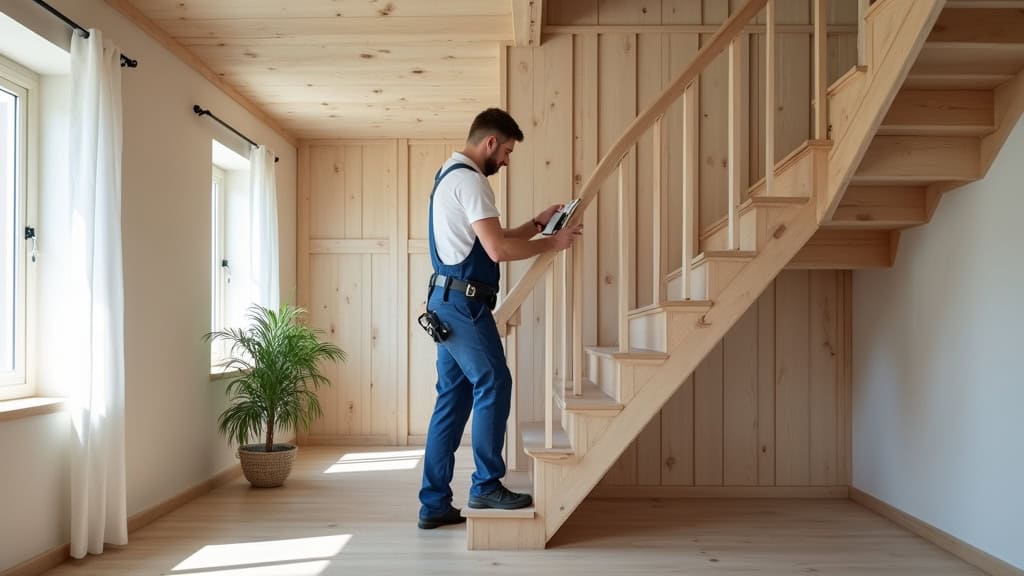 Technicien installant un monte-escalier droit dans une maison traditionnelle de Joué-l