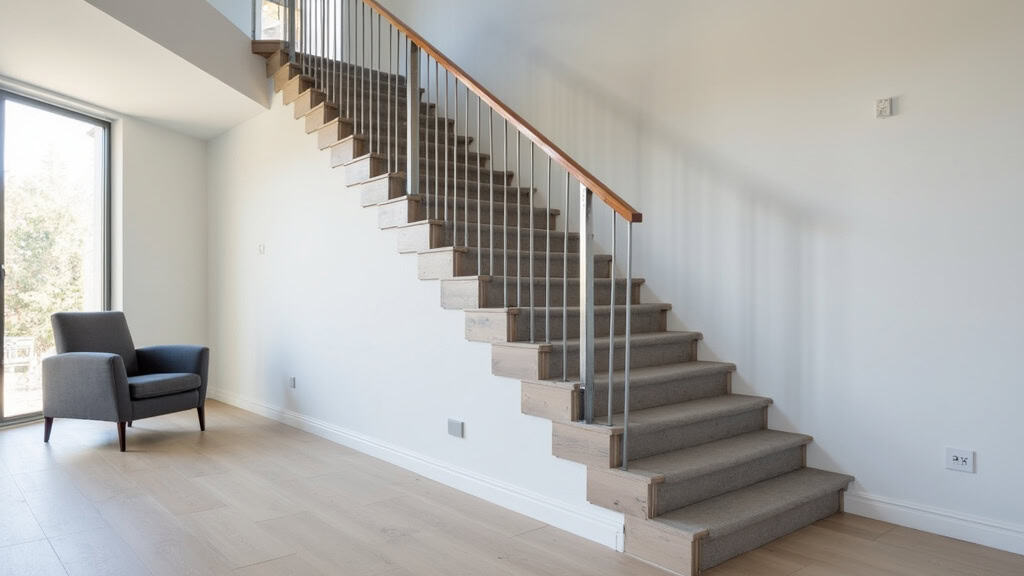 Monte-escalier droit installé dans une maison individuelle à Jouy-en-Josas, avec rail en aluminium et siège en tissu gris