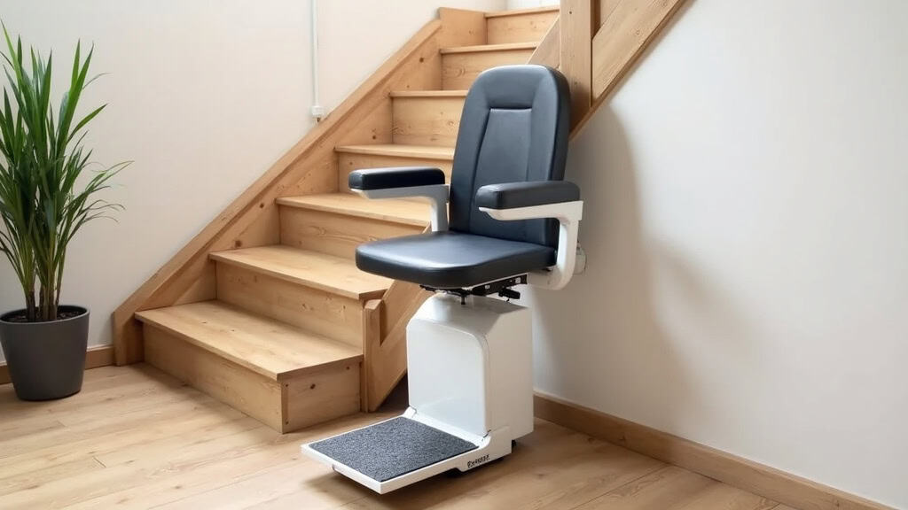 Plateforme élévatrice pour fauteuil roulant installée dans un escalier en bois à Jouy-en-Josas, avec sécurité et repose-pieds automatique