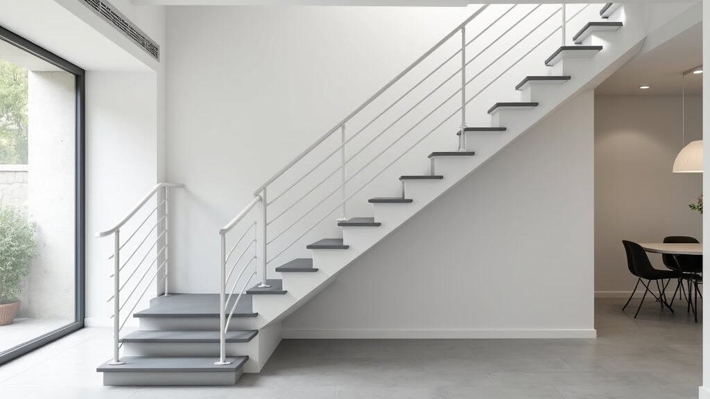 Monte-escalier droit installé dans une maison typique de Killem, avec rail en aluminium blanc et siège gris clair, adapté à un escalier rectiligne