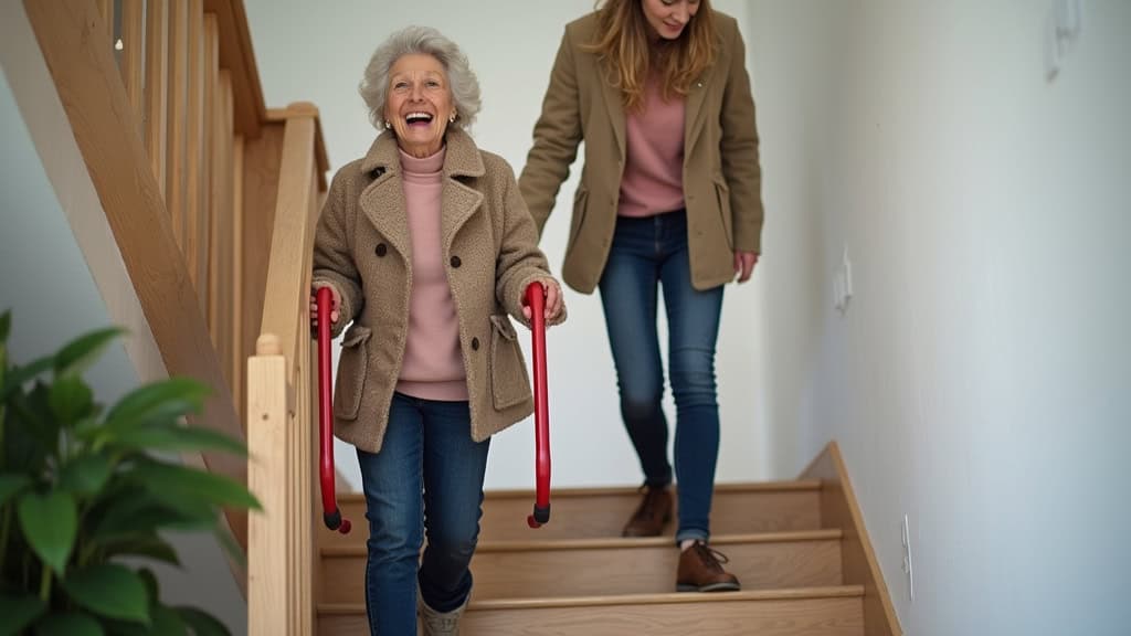 Simone, 78 ans, à Kœnigsmacker, souriante, en train d’utiliser son monte-escalier droit, avec sa petite-fille à ses côtés