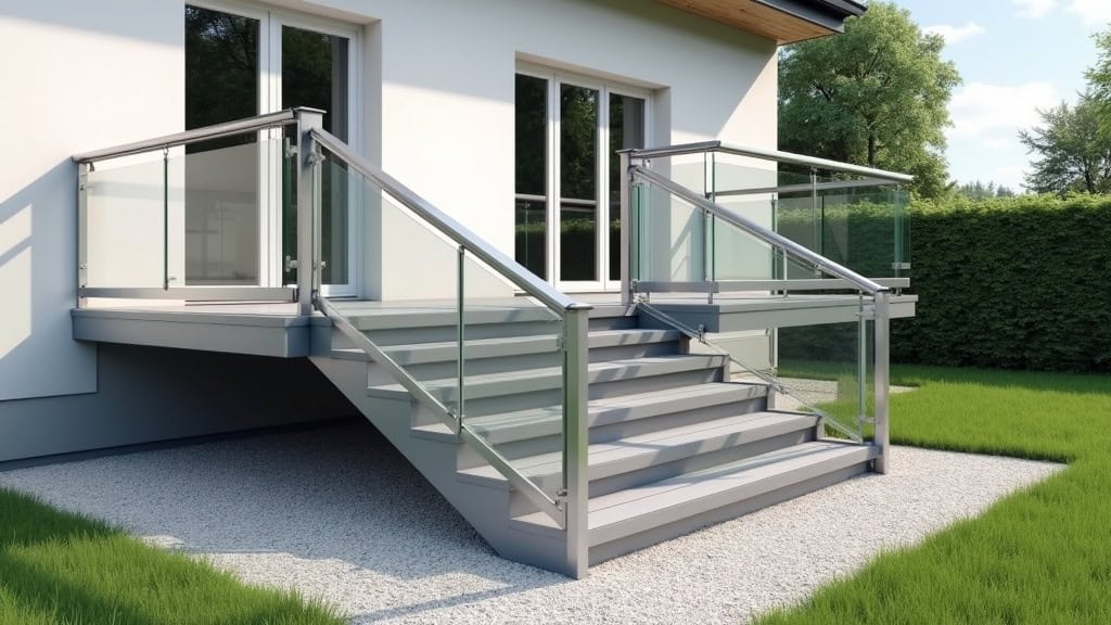 Monte-escalier extérieur en aluminium installé à l’entrée d’une maison à Krautergersheim, avec rail résistant aux intempéries et siège pliable