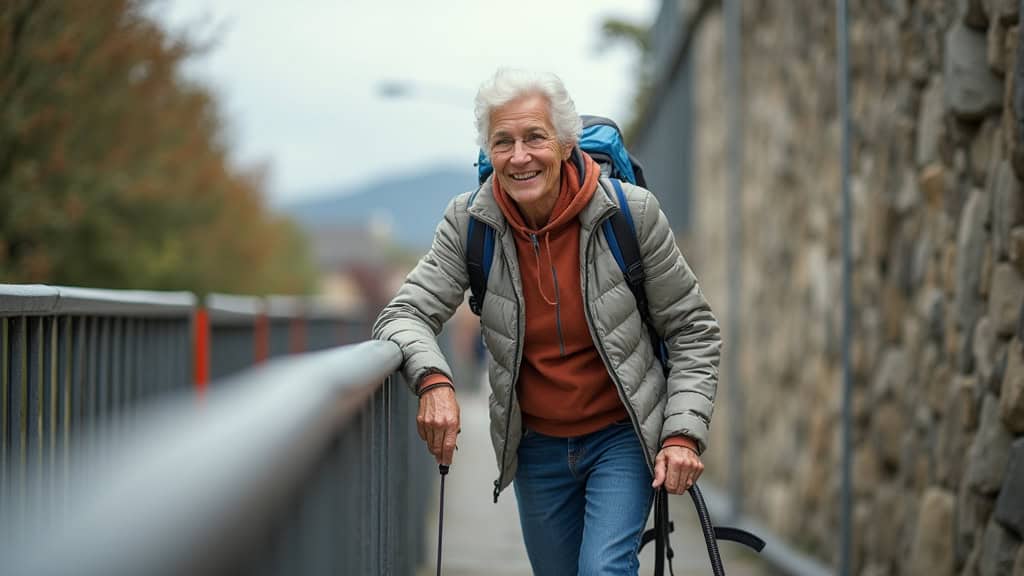 Personne âgée utilisant un monte-escalier courbe à Kuntzig, souriante, en train de monter les marches en toute sécurité