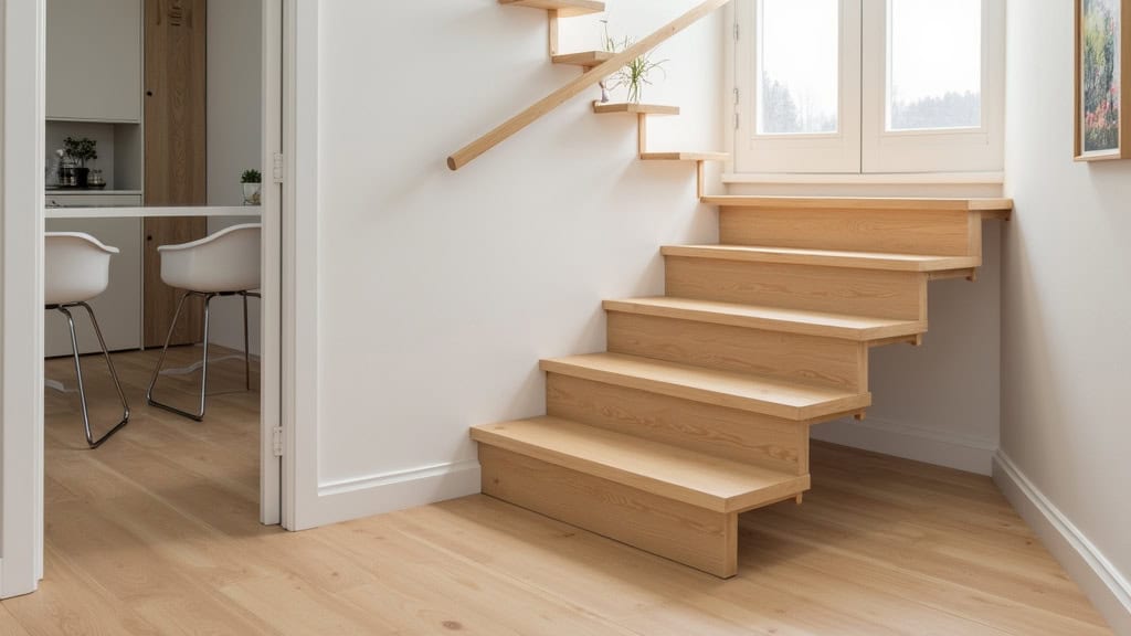 Monte-escalier fauteuil installé dans un escalier droit en bois à La Barre-de-Semilly, avec revêtement en bois clair et assise ergonomique