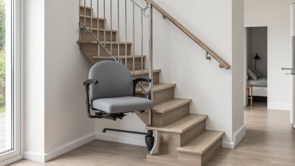 Monte-escalier fauteuil installé sur un escalier en colimaçon en pierre à La Barre-de-Semilly, avec rail adaptatif et assise ergonomique en tissu gris