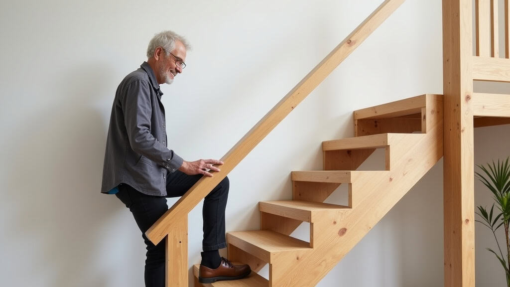 Personne âgée utilisant un monte-escalier assis dans une maison à La Chapelle-Chaussée