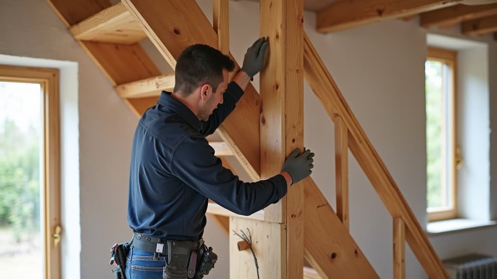 Technicien installant un monte-escalier droit sur un escalier en bois dans une maison traditionnelle de La Chapelle-du-Lou-du-Lac