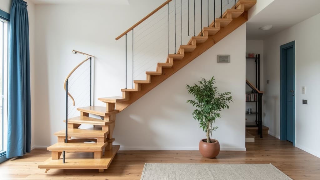 Monte-escalier droit installé sur un escalier en bois dans une maison typique de La Chevrolière, avec des volets bleus et un jardinet en arrière-plan