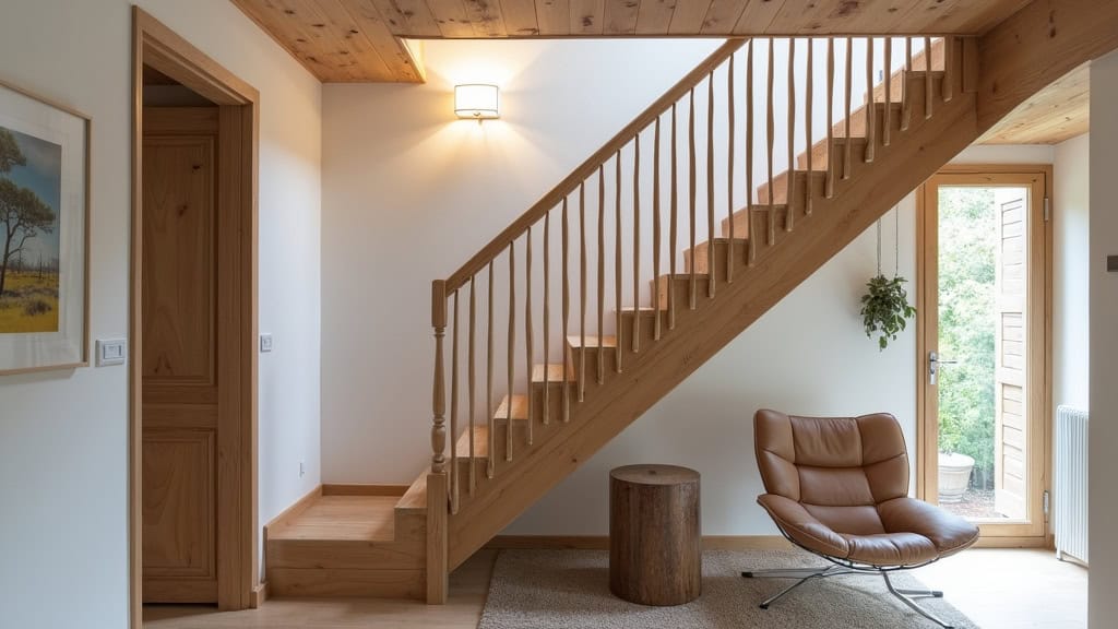 Monte-escalier tournant personnalisé installé sur un escalier en bois avec un virage typique des maisons de La Colle-sur-Loup