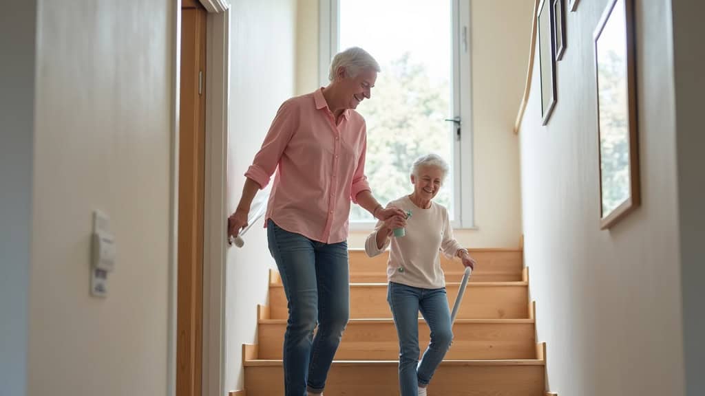 Personne âgée utilisant un monte-escalier tournant en toute sécurité dans une maison de La Coucourde, souriante et en confiance