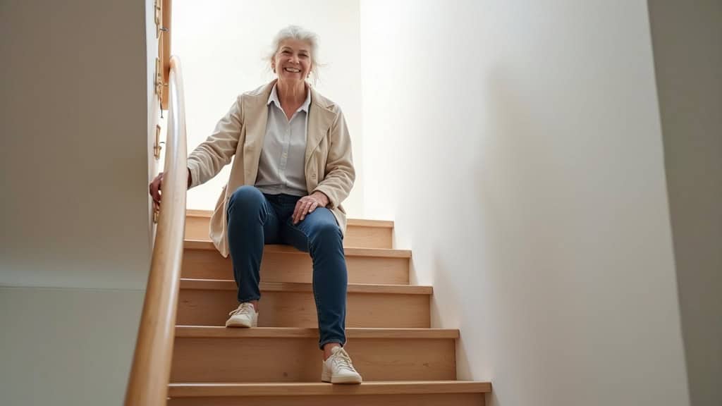 Personne âgée utilisant un monte-escalier à siège dans une maison de La Devise, souriante, en train de monter les marches