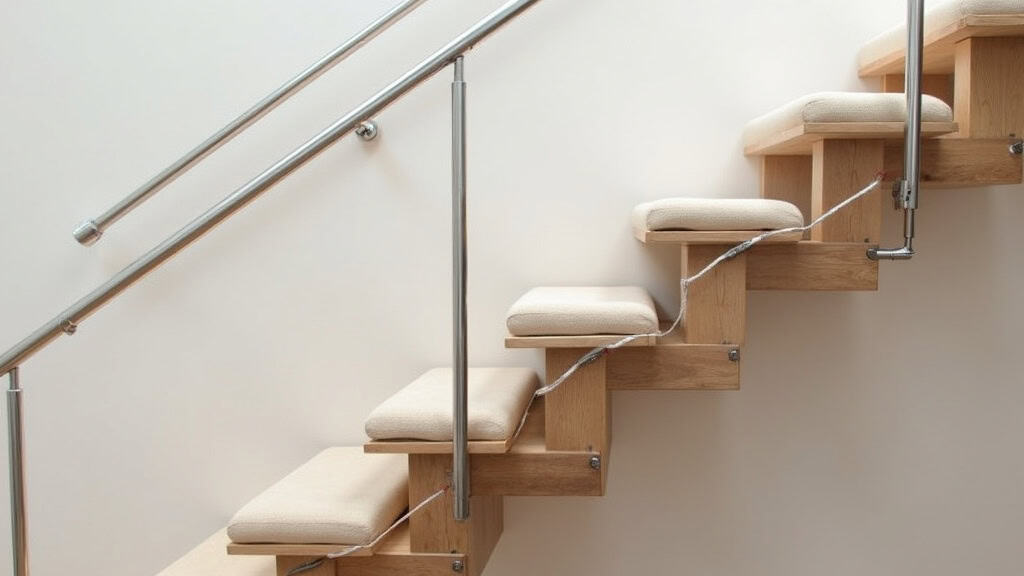 Monte-escalier droit installé sur un escalier en bois à La Ferté-Alais, avec siège en tissu beige et rail fin en aluminium