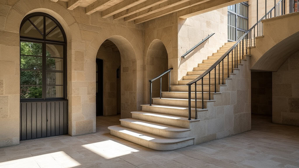 Monte-escalier tournant sur un escalier en pierre avec virage, installé dans une maison traditionnelle de La Ferté-Alais