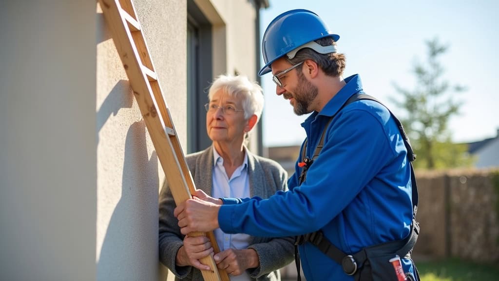 Technicien professionnel en combinaison bleue installant un monte-escalier chez un particulier à La Ferté-Alais, en présence d’un couple âgé