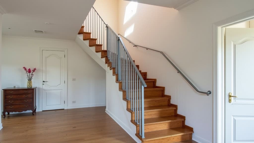 Monte-escalier droit installé dans une maison de 1960 à La Ferté-Milon, avec escalier en bois et rail gris métallique, adapté à la structure ancienne