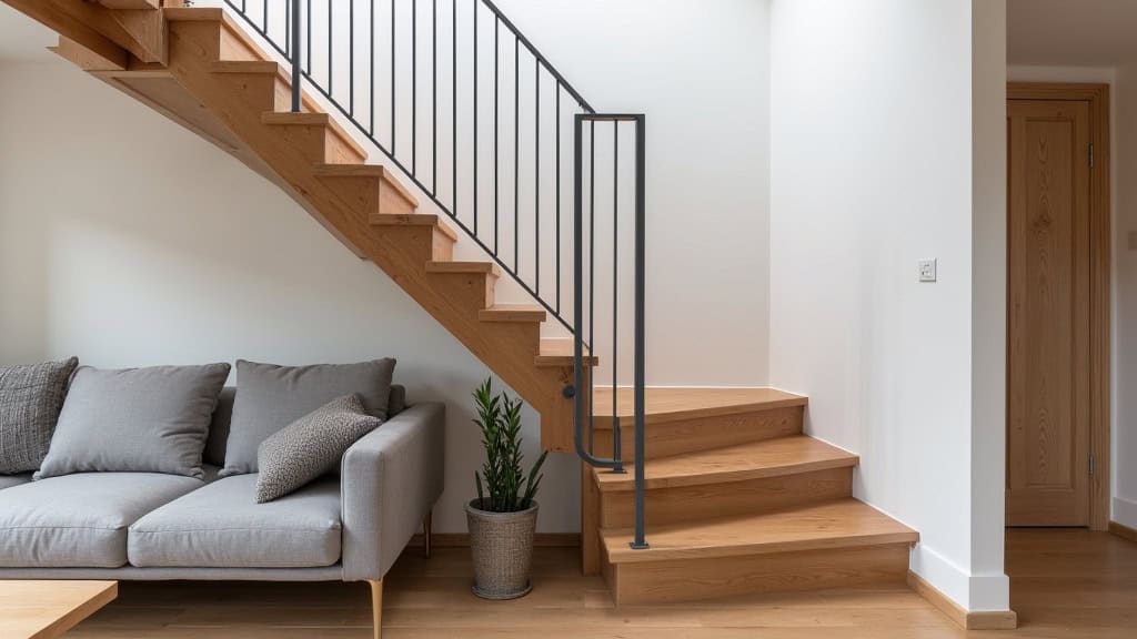 Monte-escalier courbe personnalisé installé dans une maison de 1920 à La Ferté-Milon, avec escalier en bois massif, rail métallique gris et siège minimaliste, intégré harmonieusement