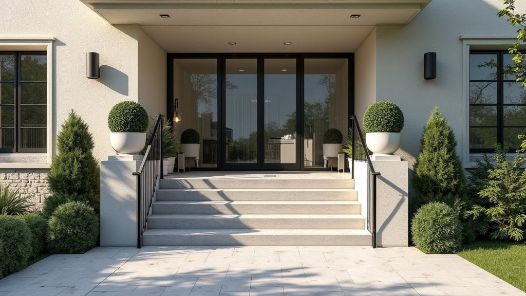 Monte-escalier extérieur installé sur une entrée en pierre à La Francheville, avec un siège blanc et un rail noir, permettant d