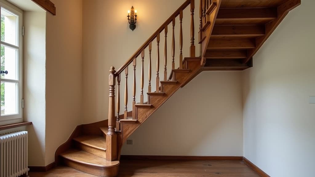 Monte-escalier courbe installé sur un escalier en bois avec virage dans une maison ancienne de La Garde-Adhémar, vue latérale du rail et du siège en position de montée