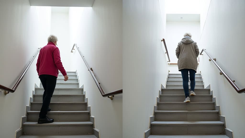 Comparaison avant-après : une personne âgée seule dans un escalier sans monte-escalier, puis la même personne en sécurité sur un monte-escalier à La Gaubretière