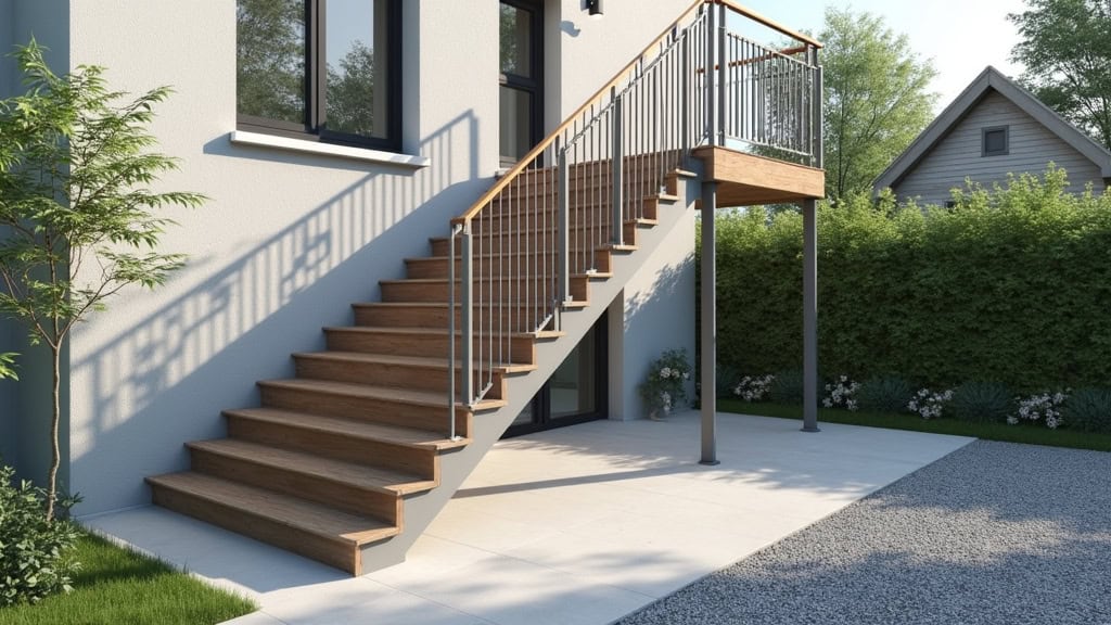 Monte-escalier extérieur en acier inoxydable installé sur un petit escalier d