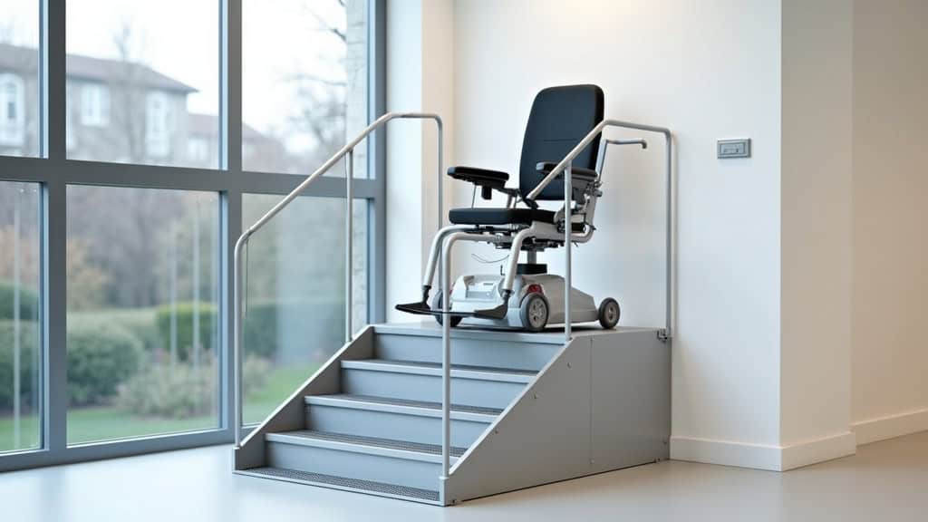 Plateforme monte-escalier transportant un fauteuil roulant sur un escalier en colimaçon, avec rails en aluminium et système de sécurité intégré