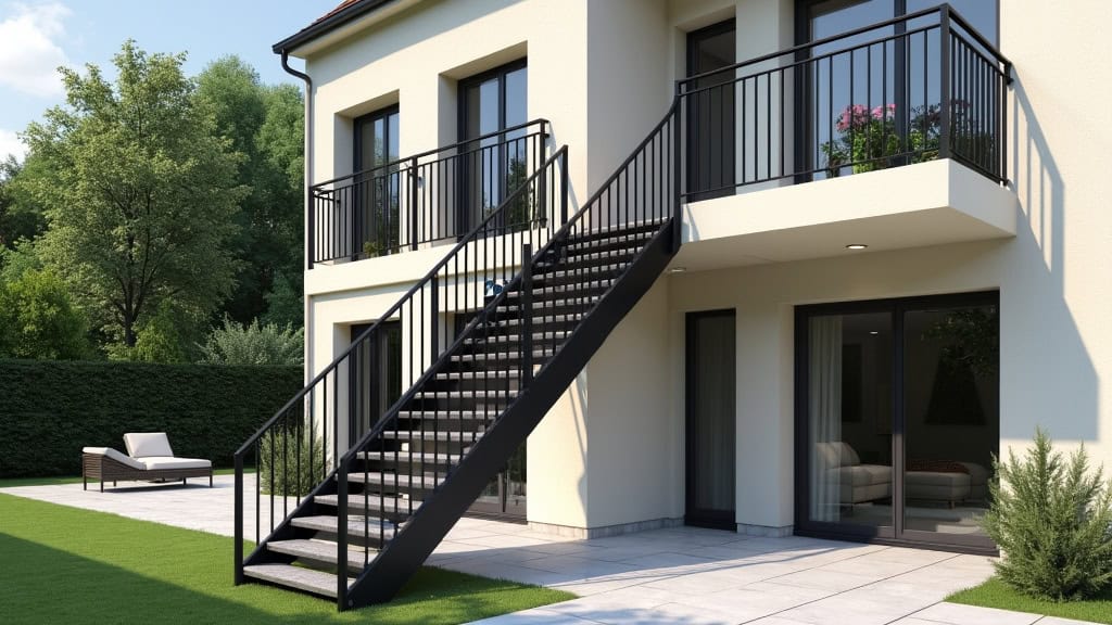 Monte-escalier extérieur en acier noir avec rail et siège sur les marches d’entrée d’une maison à La Marne, avec une terrasse et un jardin en arrière-plan