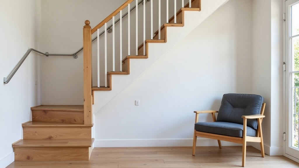 Monte-escalier droit installé sur un escalier en bois dans une maison typique de La Meauffe, avec un fauteuil gris et un rail blanc discret