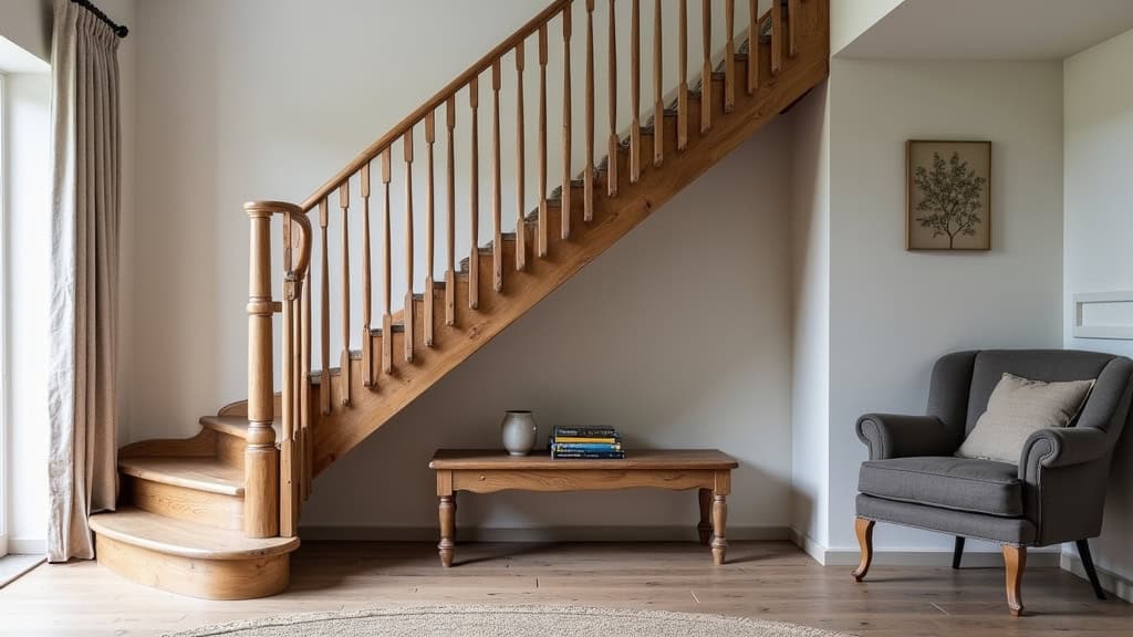 Monte-escalier tournant installé sur un escalier en bois avec palier dans une maison normande de La Meauffe, vue de côté montrant le rail courbé et le fauteuil gris